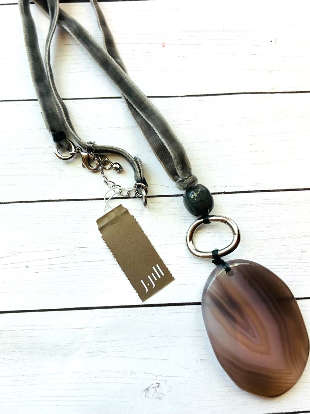 NEW NWT J. Jill Purple Striped Agate Gray Velvet Cord Pendant Necklace $54 Tag